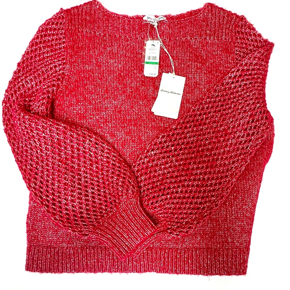 Tommy Bahama Wool Blend Shimmer Ballon Sleeve Tango Red Sweater size Large NWT - Picture 10 of 10